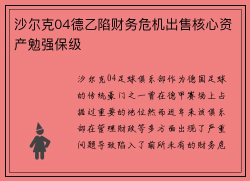 沙尔克04德乙陷财务危机出售核心资产勉强保级 沙尔克04德乙陷财务危机出售核心资产勉强保级